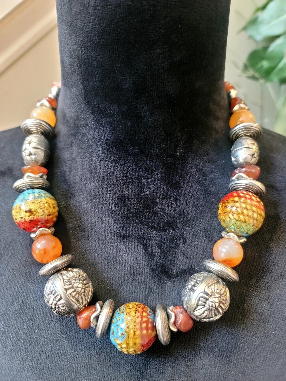 Southwestern Artisan Silver Tone Statement Necklace Multicolor Ceramic Beads